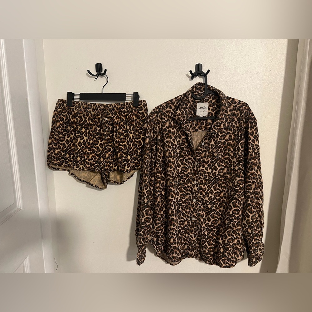 AE Aerie Leopard Print Women's Pajama Set Boxers and Long Sleeve Top Size Medium